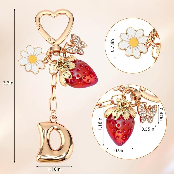 Strawberry Initial Keychain for Women-Cute Kawaii Gold Alphabet Bag Charms, Key chain Gift for Purse Handbag