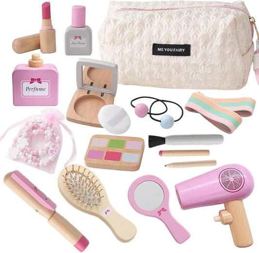 Wooden Makeup Toy Set for Toddler,Kids Pretend Play,Children Role Play Toys,Fake Cosmetics Salon Toys,Princess Dressup Accessories with Bag Birthday Gift for Girls 3 4 5 6