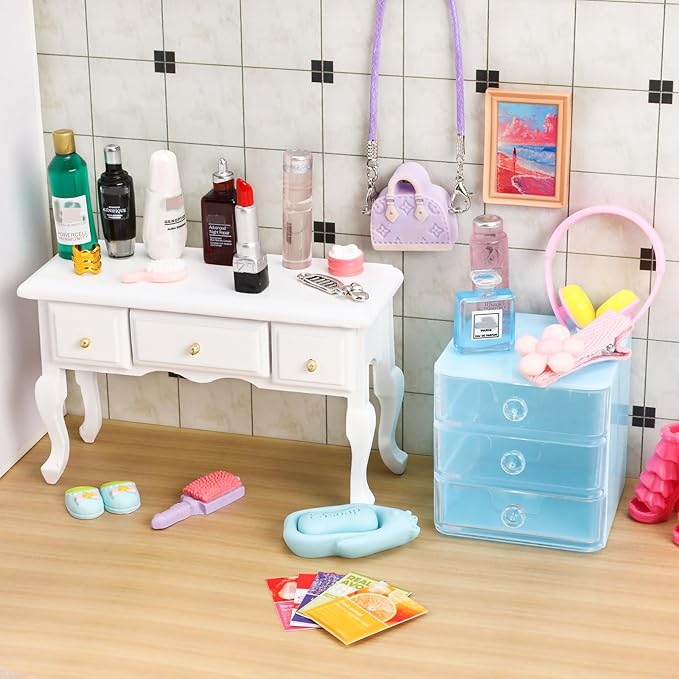 110Pcs Dollhouse Miniature Accessories Mini Bathroom Makeup Jewelry Set with Handbag Shampoo Perfume Hair Dryer Comb Shoes Glasses Money Photo Frame for DIY Doll Backpack Girl Micro Scene Decor