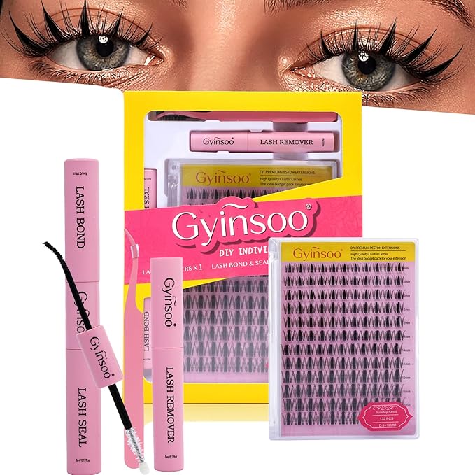 Gyinsoo DIY Lash Extension Kit "Sunday Stroll" - 132Pcs Wispy Manga Clusters (8-18mm) with Bond and Seal, Remover, Tweezers - D Curl Individual Lashes