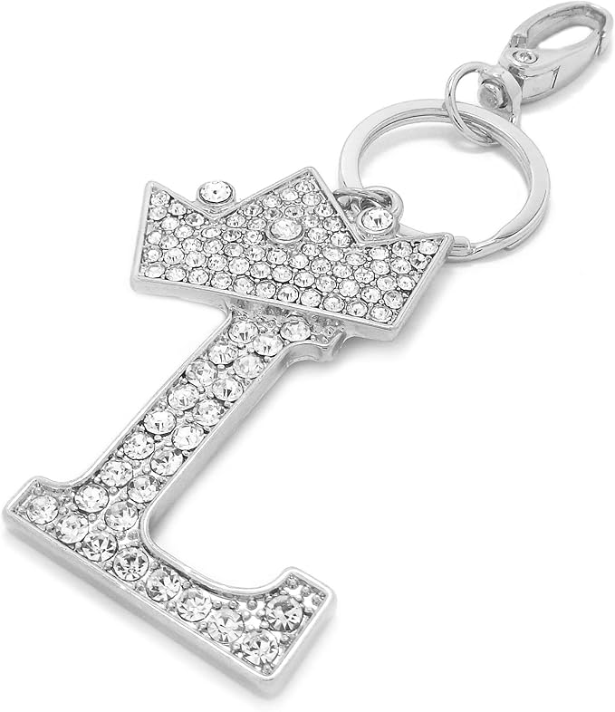 CBC Crown Crystal Rhinestone Letter Initial Keychain, Gold Metal, Bag Charm with Key Ring Approx. 2.17" x 2.56"