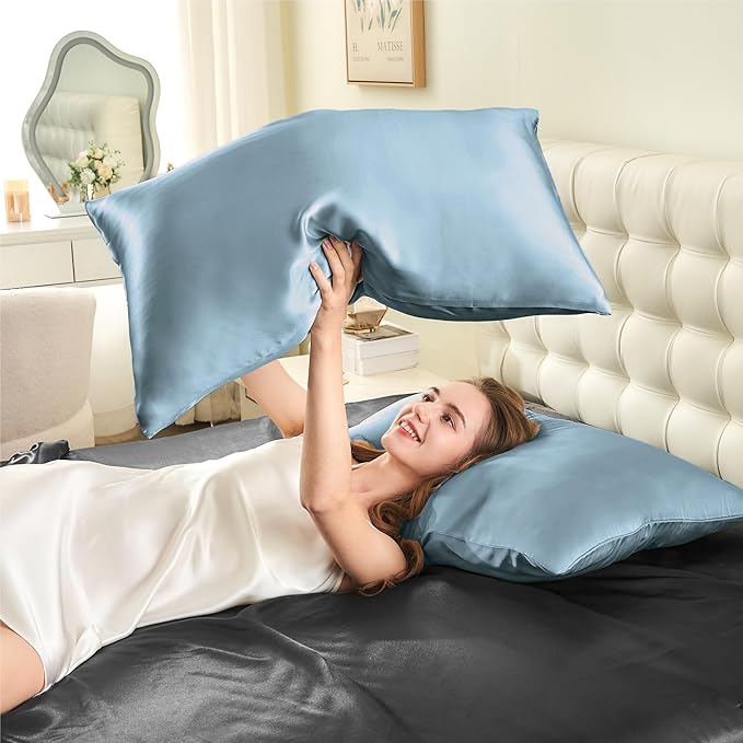 INFIIXSO Silk Pillow Cases 2 Pack Standard Size, Ultra Smooth & Soft Mulberry Silk Pillow Case for Hair and Skin, Breathable Cooling Silk Pillowcase with Hidden Zipper (Airy Blue, 20x26 Inches)