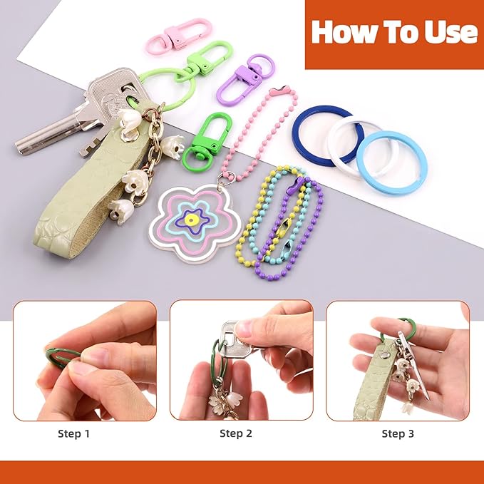 Tanstic 160Pcs Colorful Metal Ball Beads Chain and Flat Key Rings and Lobster Claw Clasps Kit, 4.72” Ball Bead Keychain, 1” Split Key Ring, 1.29” Swivel Lanyards Snap Hooks for DIY Craft