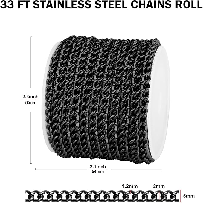 [33 FT] Black Curb Chains Bulk for Jewelry Making, 5mm 304 Stainless Steel Gunmetal Black Flat Twisted Links Curb Chains Roll Spool for Jewelry Making DIY Craft