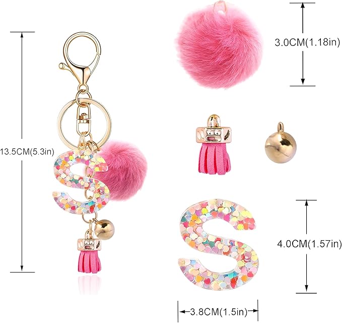 Resin Alphabet Initial Letter Keychain Keyring for Women Purse Handbags With Fur Ball Pom