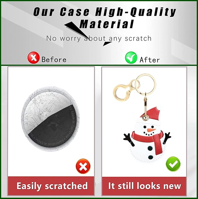 Leather Keychain Holder Case Compatible with AirTag,Cute Protective Cover with Keyring,Anti-Scratch Finder GPS Tracker Case for Wallet Keys,Bag,Pets(Snowman)