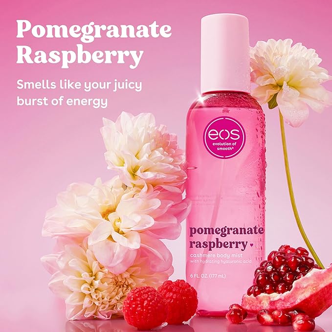 eos Cashmere Body Mist, Pomegranate Raspberry, Body Spray for Women, Hair Mist, Fruity, Moisturizing, Hyaluronic Acid, Glycerin, Vegan, Cruelty-free, 6 fl oz