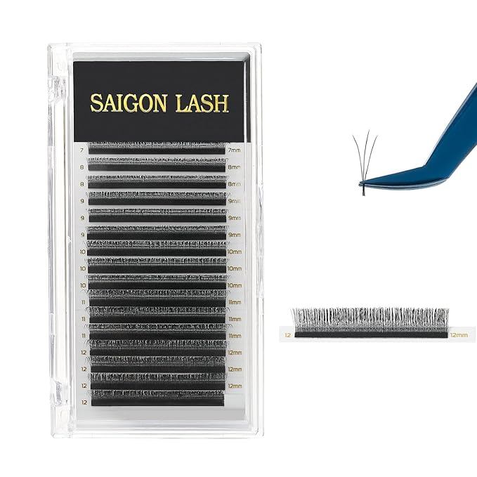 SAIGON LASH 3D Wispy Eyelash Extensions, Premade Fan Lashes, 0.07 B C CC D DD Curl, 7–15mm Mixed Length, Black Volume Individual Lashes for Professionals (C-0.07-7 - 12mm)