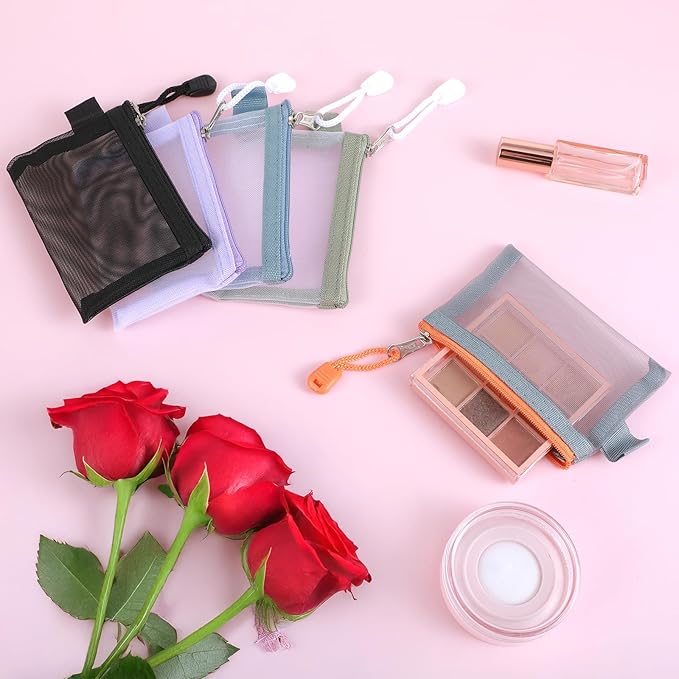5 Pcs Mini Zipper Mesh Bags Coin Purse Keychain Pouch Clear Travel Small Item Toiletries Cosmetic Storage Organizer for Office Appliances Home Organization Key Lipstick Credit Card Beauty