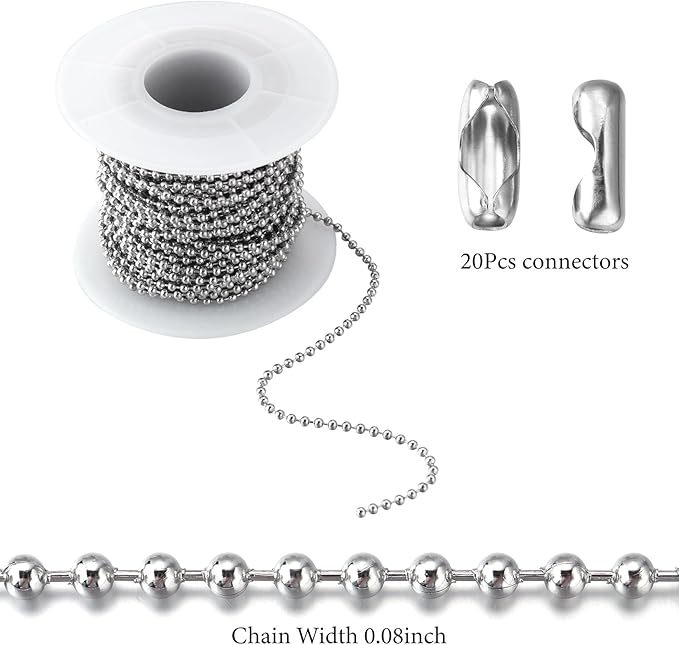 Topacket 33Feet Ball Bead Chain Stainless Steel Dog Tag Chain with Matching Connectors for Jewelry Making Necklace Hanging Bracelets Keychain(2.0mm)