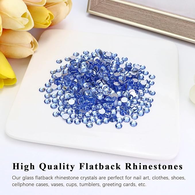 288PCS SS30 Crystal Glass Flatback Rhinestones, Round Flat Back Crystal Gems for Nail Art and Craft Clothes, Glue Fix Diamond Stones Light Blue (6.4-6.6mm)