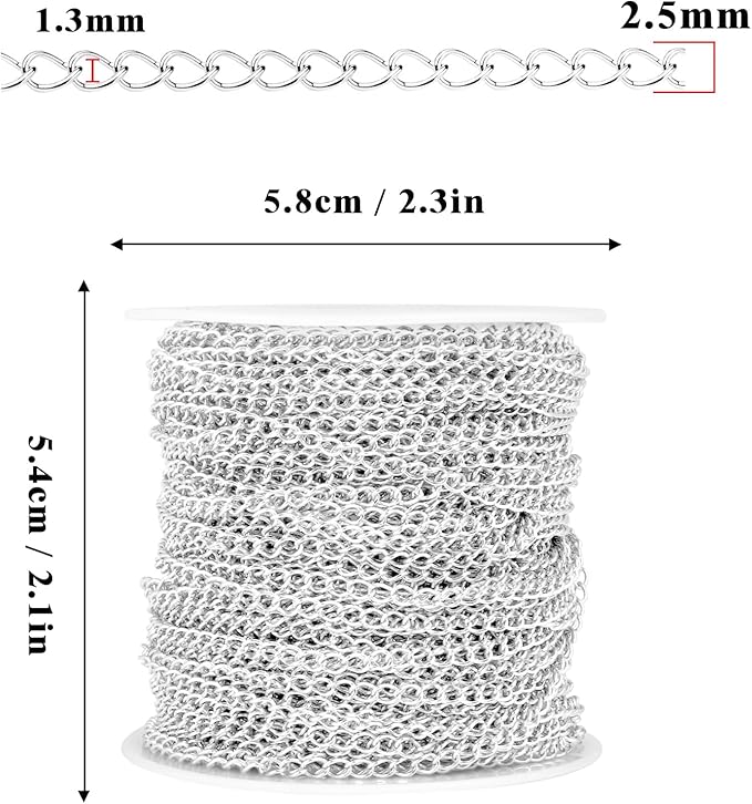 33 Feet Silver Curb Chains Bulk, 2.5mm Silver Plated 304 Stainless Steel Twisted Link Chains Roll Spool for Jewelry Making Extender