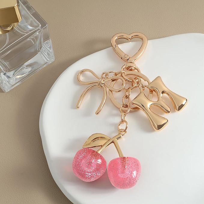 Snycler Bubble Initial Keychain with Cherry & Bow - Gold Letter Bag Charms for Women, Cute Purse Handbag Accessories