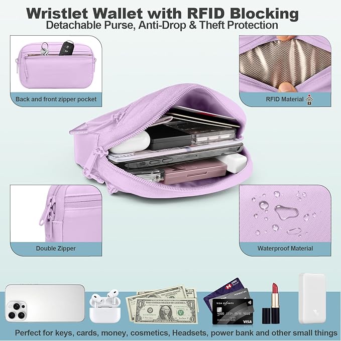 Clip and Go Strap for Phone with Wallet Crossbody, Adjustable Phone Lanyard with Detachable RFID Wristlet Wallet, Pattern Strap - Light Purple(L)