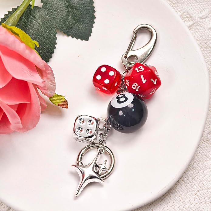 Y2K Keychain for Women, 8 Ball Dice Charm with Carabiner Clip - Cute Goth Core Keychain Bag Charm for Keys Bags Jeans