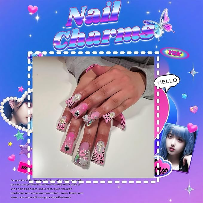 84 pcs 3D Gold Pink Nail Charms Y2K Set Cute Nail Charms with Stars, Crowns, Crosses,Bins,Lollipops, Lips, Bottles, Cups, Perfume, Lipsticks, Bags, and Heels for Nail Art
