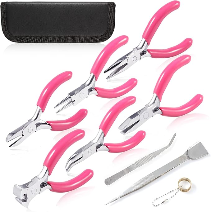 SPEEDWOX 3" Jewelry Pliers Set, 10 Pack Include Wire Cutters Bent Nose Pliers Round Nose Pliers Long Nose Pliers End Nipper Flat Nose Pliers, with Storage Pouch Tweezers with Shovel for DIY Craft