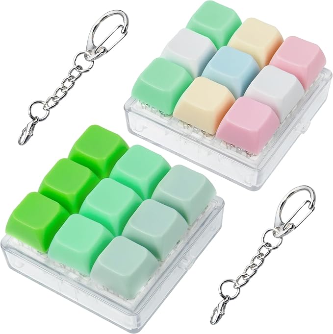 2 Pack 9 in 1 Keyboard Fidget Toy, Keyboard Fidget Keychain Anti-Stress Keyboard Decompression Button Finger Clicker Toys Stress Relief Fidget Gifts (Mix Green)