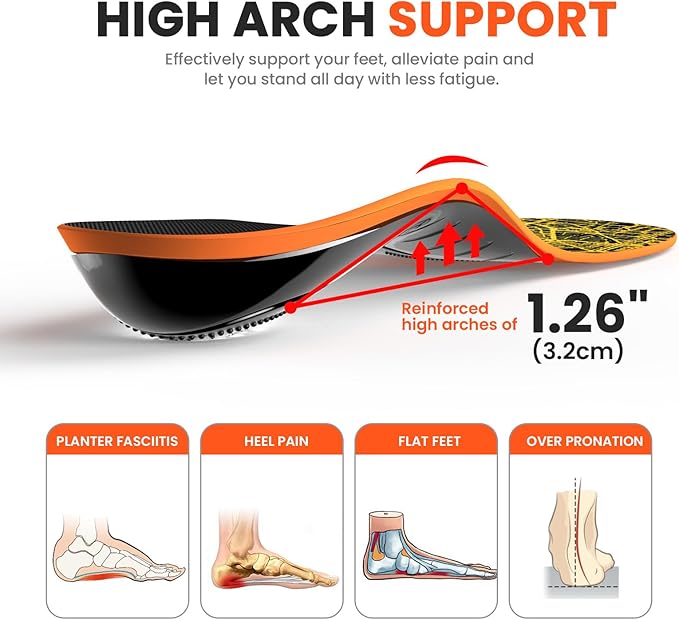 Plantar Fasciitis Arch Support Insoles - Welnove Heavy Duty High Arch Inserts Standing All Day, Fatigue Reduce - Orthotic Cushion for Foot Pain, Flat Feet, Heel Spurs, Man & Women, Fit Most Shoes (XL)