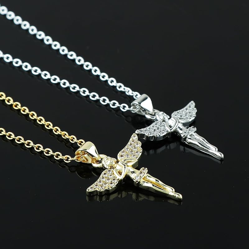 JOR Fairy Charm Pendant Necklace, CZ, Women Jewelry, Dainty Gold & Silver Plated Combo Chain 18 inch (Pack of 2)
