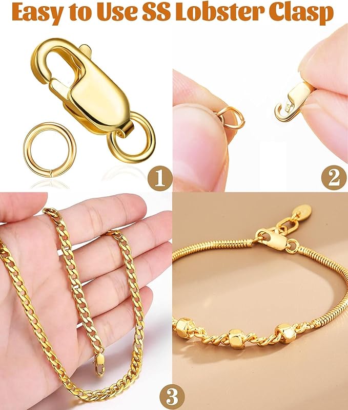 Kcctoo Silver Lobster Claw Clasp with Closed Jump Rings 14K Gold Necklace Clasps and Closures for Jewelry Making, Made in Italy 12mm(0.47inch) (8pcs Gold and Silver)