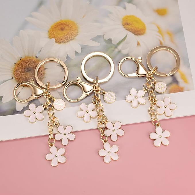 SELOVO Initial Keychain White/Pink/Black Cute Keychain Girl Purse Charms for Handbag Cute Letter Flower Keyring for Backpack