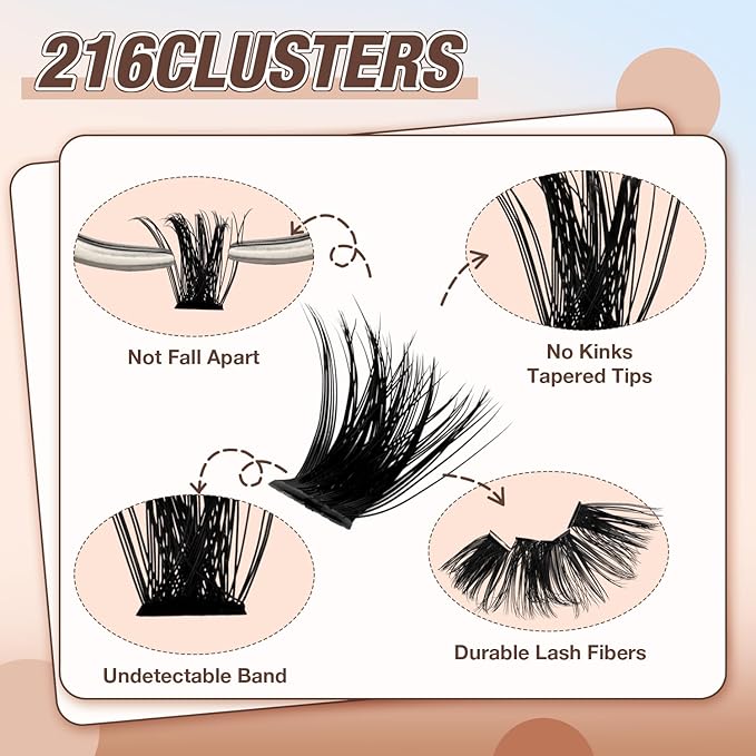 AILAISHI Lash Clusters Kit, DIY Cluster Eyelash Extensions 10‑20mm, 80D+100D, 216pcs Fluffy D Curl Natural Lashes–Fake Cat Eye Individual Clusters