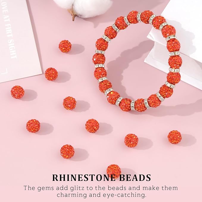 120pcs 10mm Rhinestone Beads for Jewelry Making, Orange Shiny Round Shamballa Disco Ball Beads Bulk, Sparkle Crystal Clay Christmas for Bracelet Baseball Necklace Earring Crafting and DIY