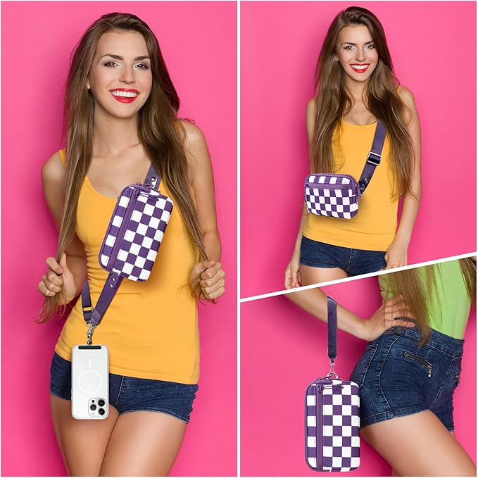 Clip and Go Strap for Phone with Wallet Crossbody, Adjustable Phone Lanyard with Detachable RFID Wristlet Wallet, Phone Strap with Phone Tabs for All Phones, Purple Checkered (L)