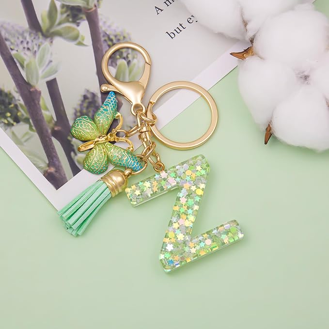 Fashion Alphabet Initial Letter Keychain Tassel Butterfly Pendant Key Ring for Purse Handbags Women Girl