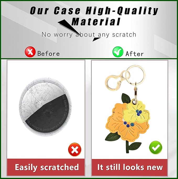 Leather Keychain Holder Case Compatible with AirTag,Cute Protective Apple Air Tag Cover with Keychain Ring,Anti-Scratch Finder GPS Tracker Case for Wallet Keys,bag,pets(Yellow Peach Blossom)