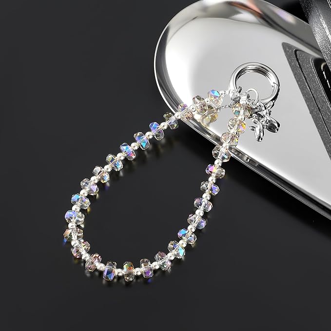 Crystal Phone Wrist Strap Phone Charm Chain Keychain Beaded Cellphone Lanyard with Tether Tab Hands-Free Wristlet Bracelet Wrist Grip Strap for Women, W-Light Purple
