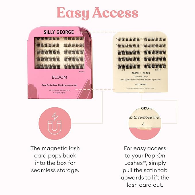 Silly George Pop-On Lashes - DIY 1-Step Pre-Glued Faux Eyelash Clusters, Natural Look Extensions, Black - Bloom, 5-7 Pair Set, Pack of 60 Clusters