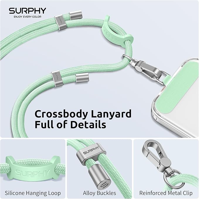 SURPHY Phone Lanyard, Adjustable Phone Strap Crossbody with 2 Pack Phone Tether Tab, Premium Metal Buckles, Skin-Friendly, Universal Cell Phone Lanyard Crossbody for Women and Men, Green
