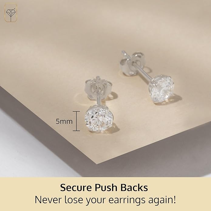14k Gold Solitaire Round Cubic Zirconia Earrings Studs for Women & Men | Anti Tarnishing CZ Stud Earrings with 14k Gold Butterfly Pushbacks | 4MM-7.5MM by MAX + STONE