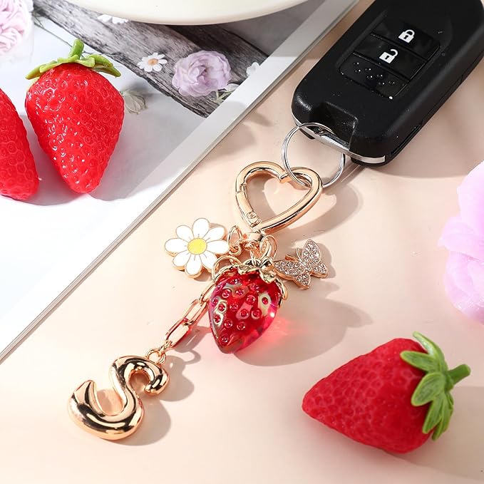 Strawberry Initial Keychain for Women-Cute Kawaii Gold Alphabet Bag Charms, Key chain Gift for Purse Handbag