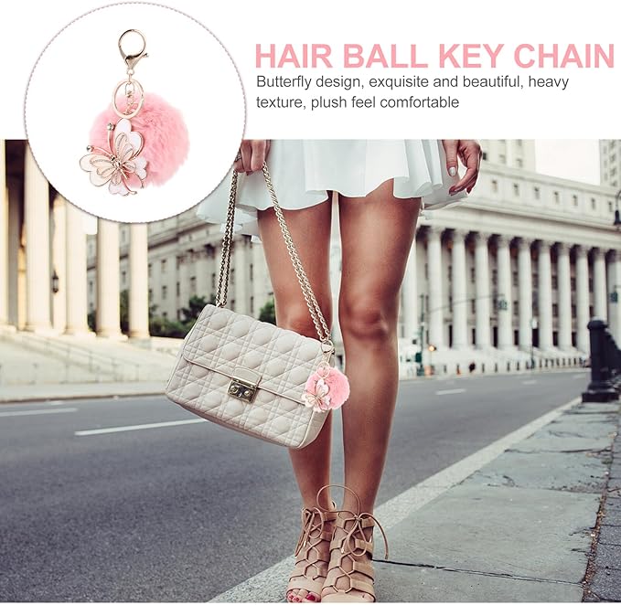 SUPVOX Diamond-encrusted Fur Ball Key Chain Pendant Butterfly Charm Pink Fuzzy Ball Key Ring for Bags Car Lightweight Creative Accessory