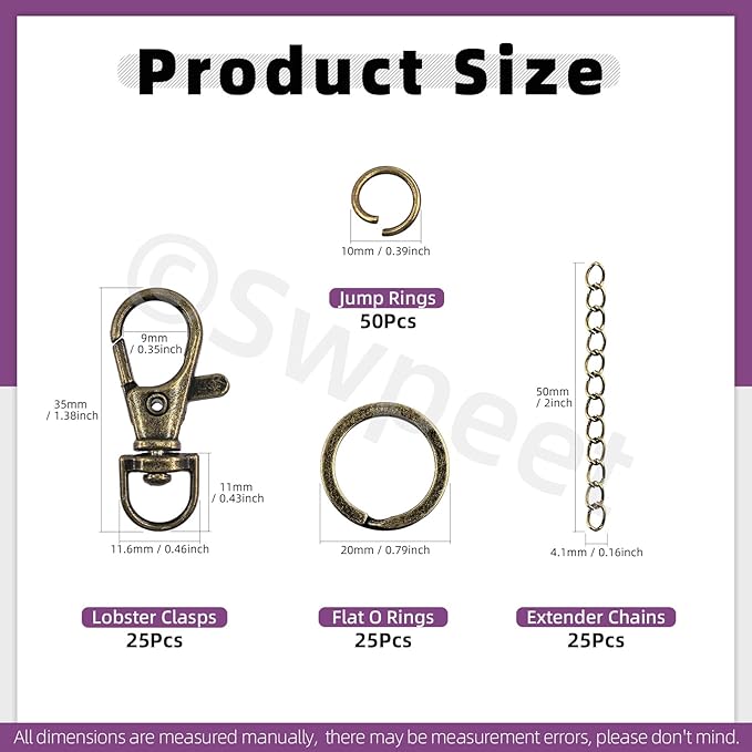 Swpeet 125Pcs Bronze Keychain Making Set, 25Pcs Swivel Lanyard Snap Hook, 25P Keychain Ring, 25P Extender Chains, 50P Open Jump Rings, Swivel Lobster Clasps, Keychains Clips