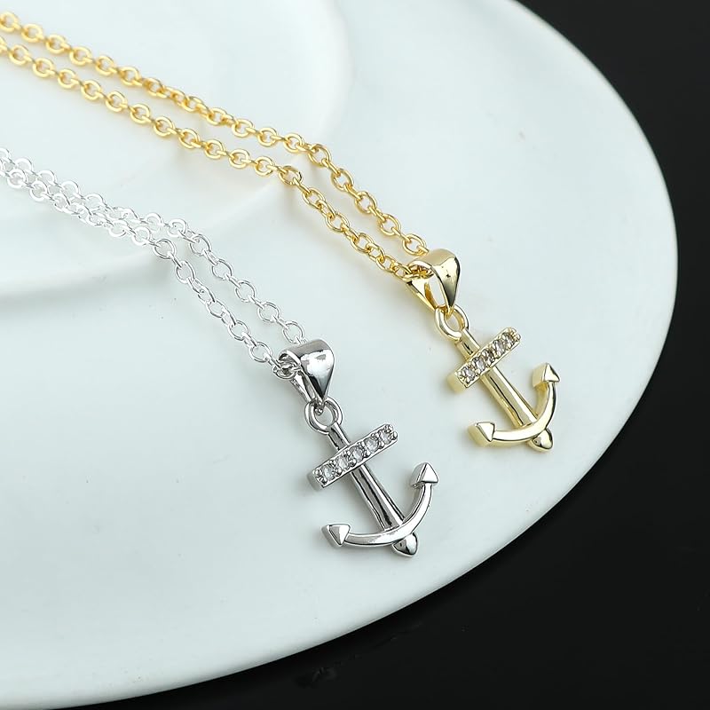 JOR Anchor Charm Pendant Necklace, CZ, Women Jewelry, Dainty Gold & Silver Plated Combo Chain 18 inch (Pack of 2)