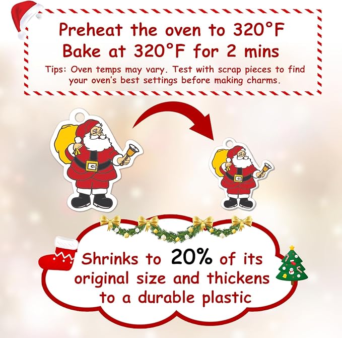 74PCS Shrink Dink Sheets Keychain Kit, Christmas Theme Ornaments Gifts Shrink Plastic Sheets with 6PCS 7.9"x5.7" Pre-Printed Shrinking Film Art Paper for Kids DIY Crafts, Perfect Stocking Stuffer