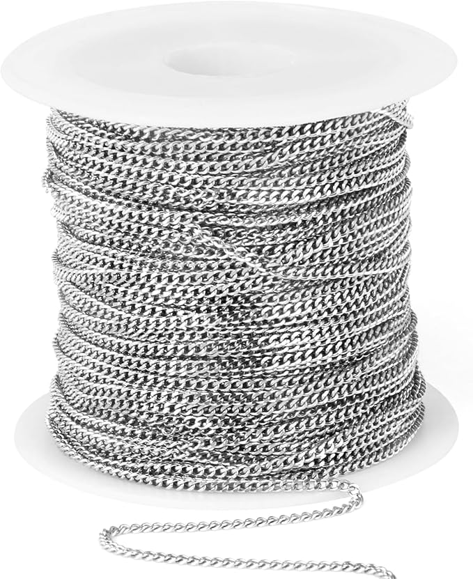 33FT Stainless Steel Cuban Chain Roll 1.5MM Diamond-Cut Curb Link Chains Spool Bulk for Jewelry Making