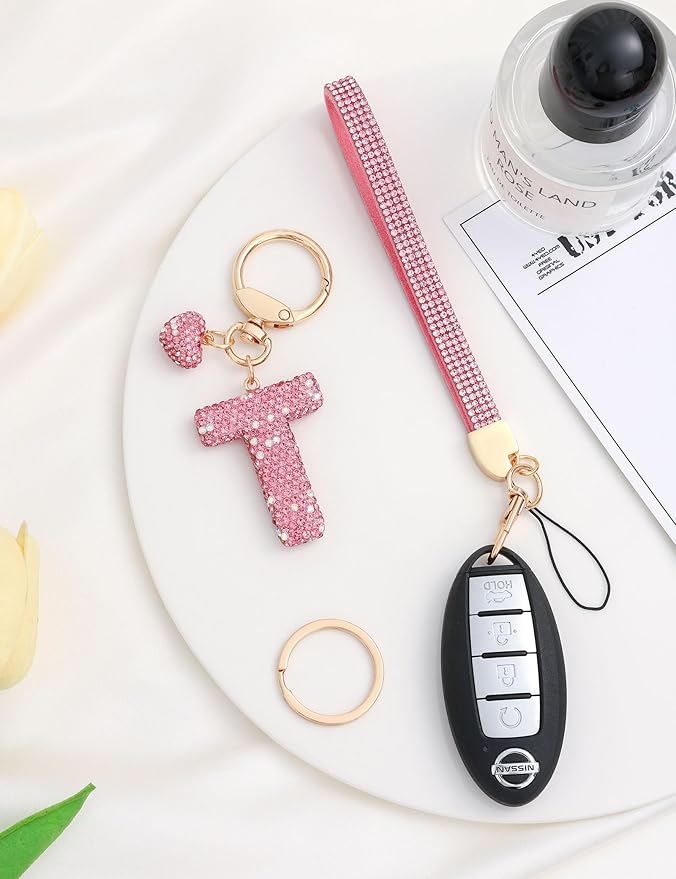 Initial Keychain for Women Girls,Bling Letter Key chain Initial with Heart,Pink Keychain Charms for Backpack Handbag