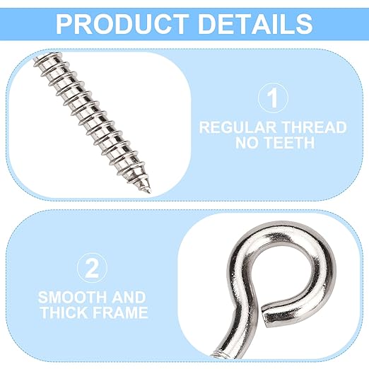 Aovchei Eye Screws, 8Pcs 3.25 Inch Long, 304 Heavy Duty Stainless Steel Screw Hooks, Rust-Resistant Self Tapping Eyelet Bolts for Wood, Securing Cables Wires, Indoor & Outdoor for Hanging Artwork