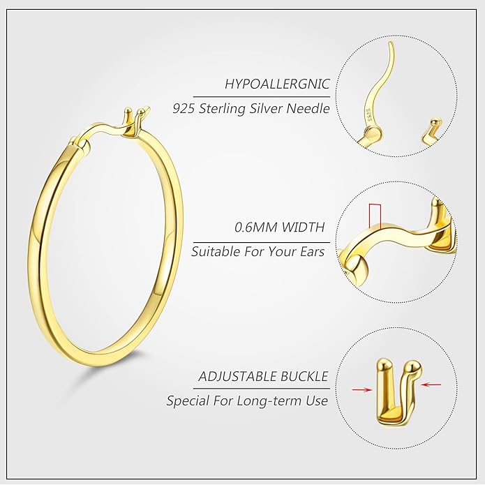 Hayoso 18K Gold Plated Hoop Earrings - 925 Sterling Silver Hoop Earrings Womens Hypoallergenic Hoops | Square Tube Hoop Earrings for Women 15mm/20mm/30mm/40mm