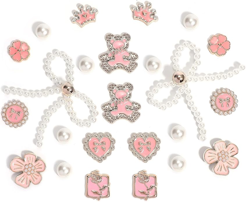 24Pcs Bling Pearl Bow Shoe Charms for Clog Sandals Women, Bear, Flower, Pearl Accessories, DIY Shoe Decoration Charms for Girls