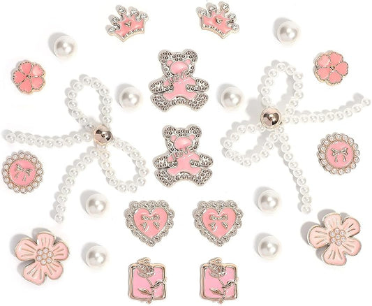 24Pcs Bling Pearl Bow Shoe Charms for Clog Sandals Women, Bear, Flower, Pearl Accessories, DIY Shoe Decoration Charms for Girls