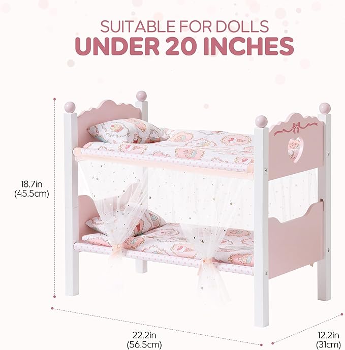 ROBOTIME Baby Doll Bunk Beds, Wooden Baby Doll Crib with Starry Curtain, Stackable Toy Crib for 18 Inch Dolls, Doll Bed Playset with Bedding Accessories, for Kids 3+ (Pink, 2 Pcs Beds)