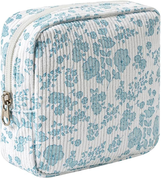 Cute Small Corduroy Zipper Makeup Bag, Mini Coquette Aesthetic Pouch with Flower Pattern for for Purse,Key Pocket Lipstick Bag Card Holder Data Cable Organizer for Women Girls (07Lightblue Flower)