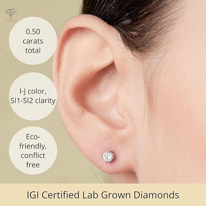 1/4-2 Carat IGI Certified Lab Grown Diamond Stud Earrings | Solitaire Real Diamonds Earring for Women in I-J Color & SI1-SI2 Clarity | 14K Gold Diamond Studs with Secure Backs by MAX + STONE