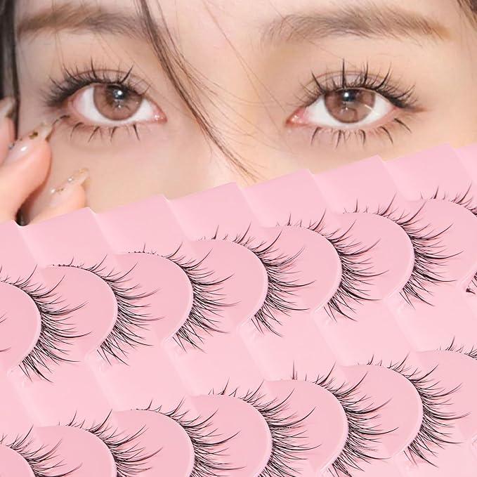 outopen 10 Pairs Manga Lashes Natural Look False Eyelashes Wispy Spiky Anime Lashes Korean Japanese Asian Style Cosplay Fake Eyelashes with Clear Band